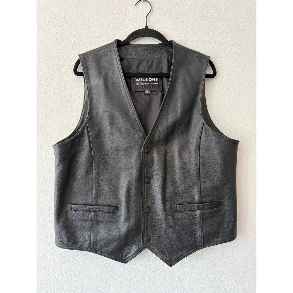 Vintage 90s Y2K Wilsons Men's Large Black Leather Snap Down Moto Western Vest